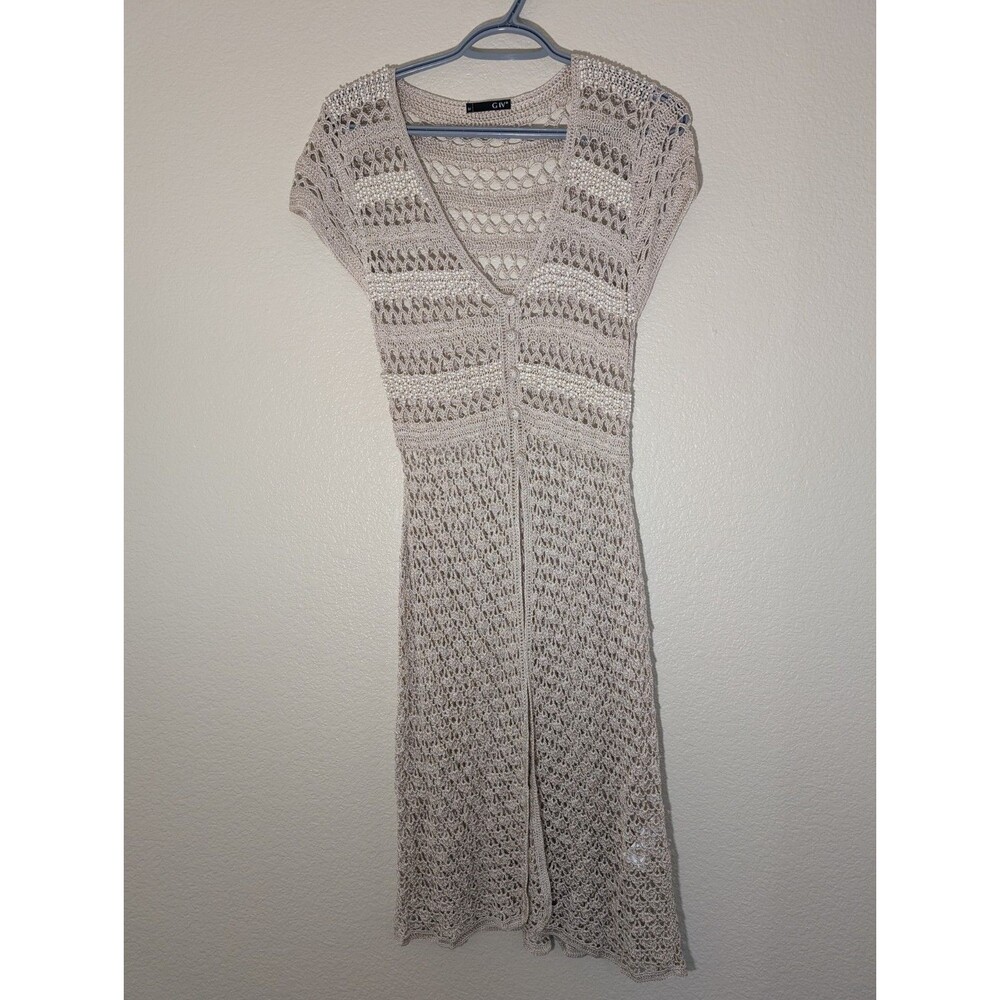GIVe Dress 4 Crochet Y2K Knit Sleeveless Cardigan Midi Boho Top Beige